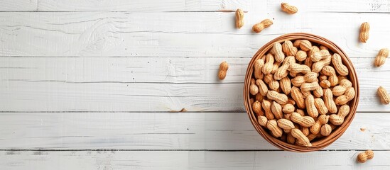 Aufkleber - Fresh peanuts in a basket on a white wooden table viewed from the top with copy space image