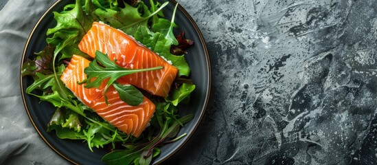 Poster - Salmon sushi presented on a bed of fresh greens with a copy space image included