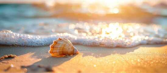 Aufkleber - Seashell on sandy beach with waves and sunlight in background Creative set up for text Reflects vacation idea Copy space image