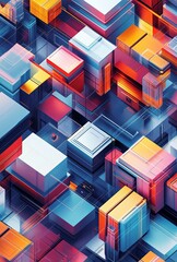 Poster - An intricate isometric grid with a mix of cubes and hexagons in different colors, forming a dynamic and engaging design