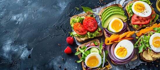 Poster - Fresh toast sandwiches with vegetables boiled eggs cheese and avocado arranged on top of a piece of rice paper on a black surface background with copy space image