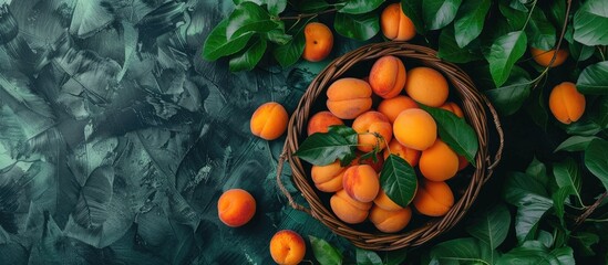 Wall Mural - Freshly harvested apricots displayed in a basket arranged in a top view pattern with leaves for a charming copy space image