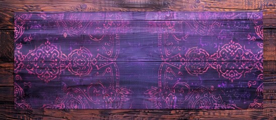 Sticker - Top view of a purple patterned tablecloth on a wooden surface background with space for text or images. Creative banner. Copyspace image