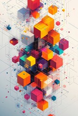 Poster - An intricate isometric grid with a mix of cubes and hexagons in different colors, forming a dynamic and engaging design