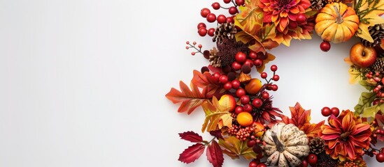 Aufkleber - A picturesque fall wreath displaying flowers berries and fruits against a white backdrop leaving room for text in the image. Creative banner. Copyspace image