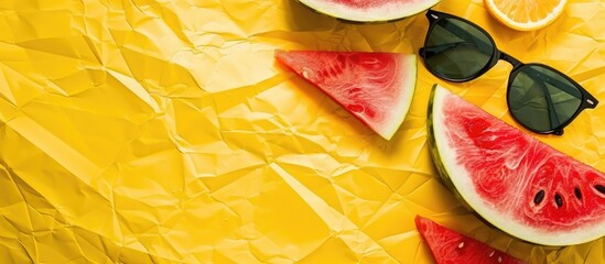 Aufkleber - Tropical fruits summer vacation backdrop Sliced watermelon sunglasses on yellow paper backdrop minimal style bright tone with space for text. Creative banner. Copyspace image