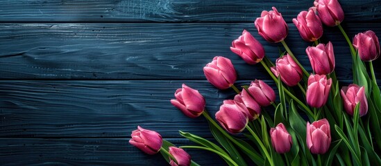Poster - Pink tulips displayed on a dark wooden backdrop with copy space image