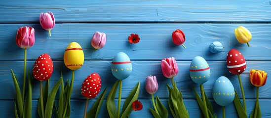 Aufkleber - Easter Day concept with colorful Easter eggs painted with tulips on a blue wood background leaving space for text or an image. Creative banner. Copyspace image
