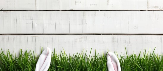 Poster - Easter bunny s ears peeking from grass on a white wooden background with space for text or images. Creative banner. Copyspace image