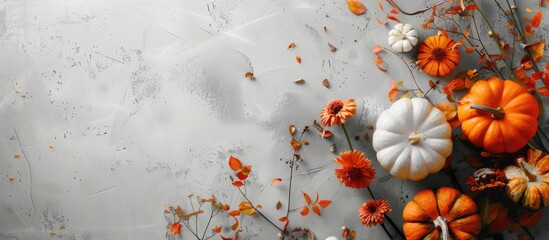 Canvas Print - A grey concrete background adorned with pumpkins and flowers featuring ample copy space image