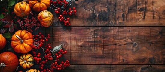 Canvas Print - Fall themed decorations on a wooden table include pumpkins rowan and flowers creating an autumnal composition View from above with copy space image available