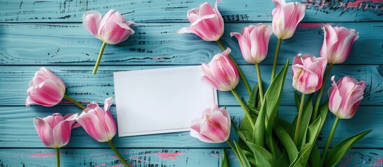 Aufkleber - Mother s Day theme with pink tulips and a postcard displayed on a blue wooden backdrop featuring copy space for a creative image with a flat lay style