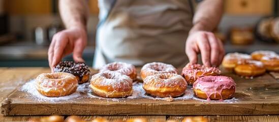 Poster - A man arranging assorted sugary donuts on a rustic wooden board with ample copy space image available