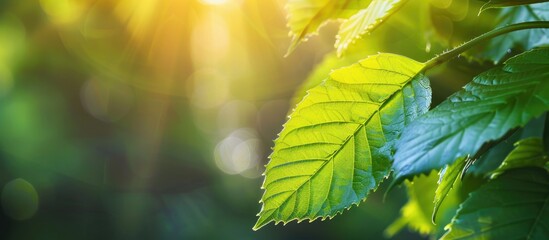 Poster - A nature themed photograph featuring a vibrant green leaf set against a softly blurred background with gentle sun rays providing a suitable copy space image