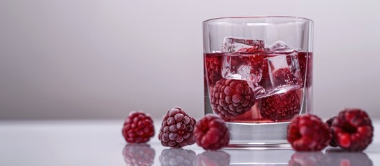 Poster - Copy space image featuring a glass filled with mulberry and mulberry infused ice cubes