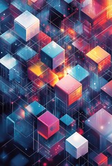 Poster - An intricate isometric grid with a mix of cubes and hexagons in different colors, forming a dynamic and engaging design