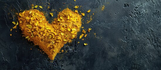 Poster - A heart shape created from yellow spices on a black background for a cookery theme with copy space for text or labels in an overhead flat lay view