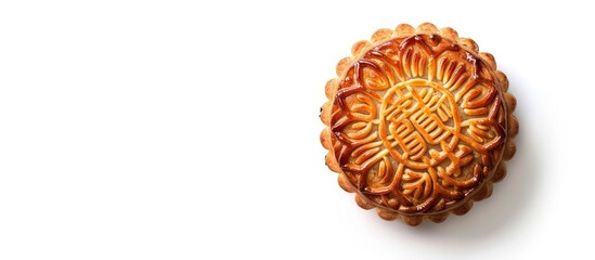 Poster - Top view of a traditional moon cake on a white background a round pastry common in Vietnamese and Chinese mid autumn festivals with a clipping path for copy space image