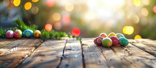Aufkleber - Rustic wooden table with a festive Easter theme featuring colorful bokeh and ample copy space image for adding typography and a logo