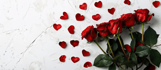 Poster - A Valentine s Day greeting card featuring a bouquet of vivid roses and red hearts against a white backdrop with copy space image