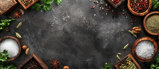 Poster - Various spices displayed on a dark backdrop encircled by wooden boxes holding salt pepper coriander cloves walnuts and parsley creating a border for a copy space image