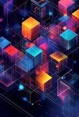 Poster - An intricate isometric grid with a mix of cubes and hexagons in different colors, forming a dynamic and engaging design