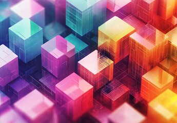 Poster - An intricate isometric grid with a mix of cubes and hexagons in different colors, forming a dynamic and engaging design