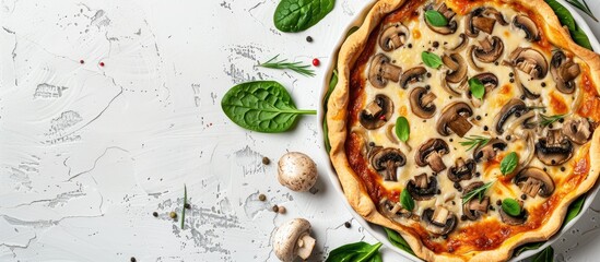 Poster - Pie with mushrooms spinach and cheese displayed on a white background with copy space image