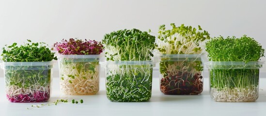 Wall Mural - Various sprouts displayed in plastic containers against a white backdrop with copy space image