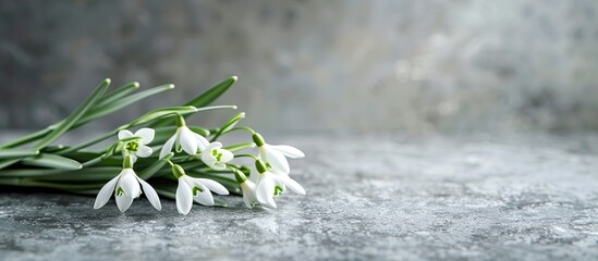 Poster - Snowdrop bouquet on a gray stone background with a copy space image for messages perfect for Valentine s Women s and Mother s Day greetings featuring delicate spring flowers