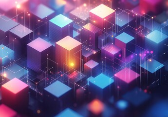 Poster - An intricate isometric grid with a mix of cubes and hexagons in different colors, forming a dynamic and engaging design
