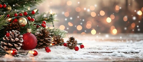 Fototapete - Festive Christmas and winter decor with a Christmas tree in the background providing a delightful copy space image