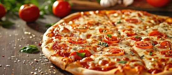 Poster - Selective focus on a delectable Pizza Margarita showcasing rich tomato sauce and Mozzarella cheese leaving room for a captivating copy space image