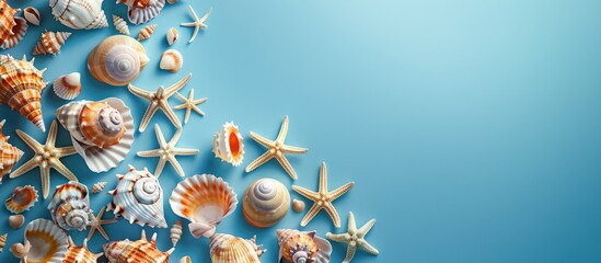 Fototapete - A sea themed pattern featuring spiral seashells on a blue background with a copy space image for text creates a beautiful frame for summer designs