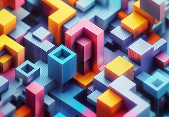 Poster - An intricate isometric grid with a mix of cubes and hexagons in different colors, forming a dynamic and engaging design