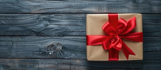 Poster - Vintage style gift boxes wrapped in eco friendly recycled paper with a red satin ribbon placed on a gray wooden table creating a mock up image ideal for design purposes with a holiday theme