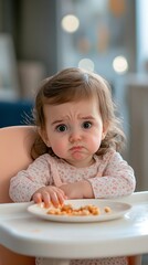 Adorable toddler with pouty expression sits at table, reluctantly eyeing plate of food. Soft bokeh lights in background create cozy atmosphere in dining scene.