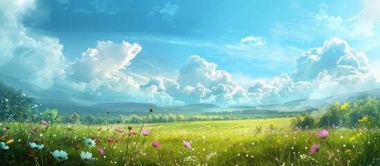 Poster - Scenic landscape with blooming flowers in a grassy meadow under a picturesque blue sky with fluffy white clouds ideal as a copy space image