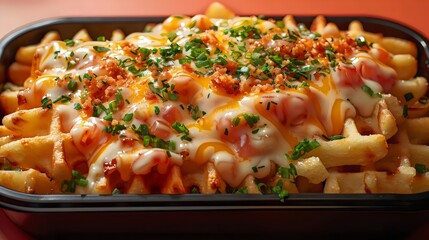 Poster - A plate of cheesy fries with a generous amount of cheese and herbs