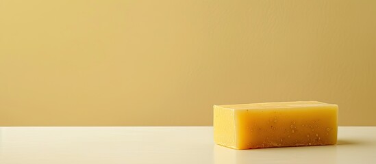 Poster - Yellow soap displayed with copy space image on a crisp white background