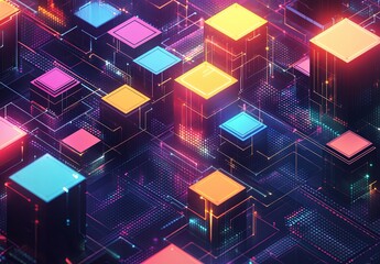 Poster - An intricate isometric grid with a mix of cubes and hexagons in different colors, forming a dynamic and engaging design