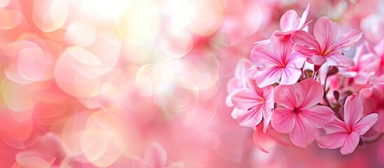 Aufkleber - Pink flowers are softly blurred in the background creating a copy space image ideal for adding your inscriptions or designs