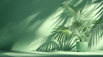 Poster - 3D rendering of a green background with soft palm leaf shadows creating a serene atmosphere. This minimalist design offers an ideal empty space for product presentation or mockup scene template, captu