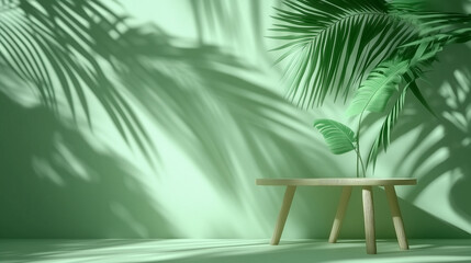 Poster - 3D rendering of a green background with soft palm leaf shadows creating a serene atmosphere. This minimalist design offers an ideal empty space for product presentation or mockup scene template, captu