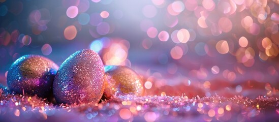 Sticker - Easter eggs are adorned with gleaming glitter creating a decorative and sparkling aspect in an image with space for text. Creative banner. Copyspace image