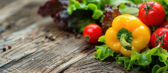 Poster - A fresh vegetable salad featuring greens a yellow bell pepper and a red tomato displayed on a wooden table with a focus on promoting a healthy lifestyle with copy space image