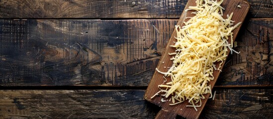 Poster - Rustic wooden board with shredded sharp cheddar cheese viewed from below perfect for adding text Includes a copy space image