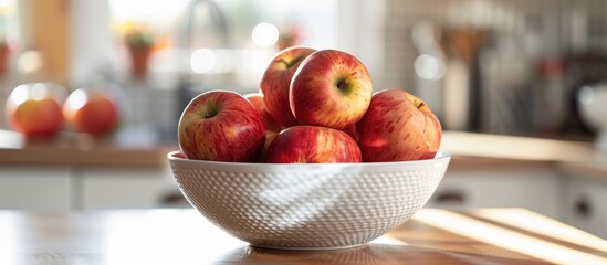 Poster - Fresh apples in a bowl displayed on a kitchen counter with copy space image