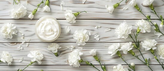 Poster - Night cream displayed with white carnation flowers on a bright wooden table background creating an elegant presentation with copy space image