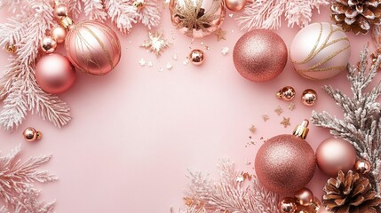 Wall Mural - festive pink and rose gold christmas ornaments and decorations create an elegant border on a soft bl